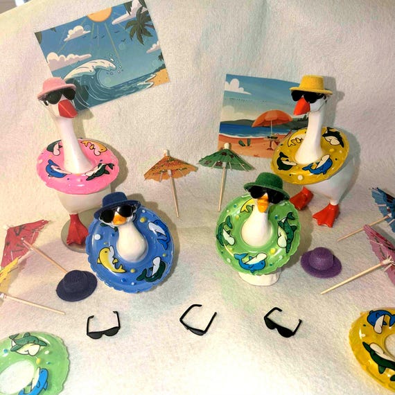 Desk Goose Summer Outfit: Flotation Ring, Hat, Sunglasses (Fits 4-7" Geese) Hats may be random. PINK glasses no longer available, sorry.