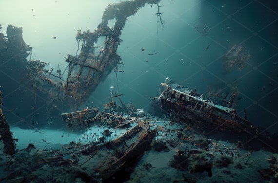 ダークファンタジーの難破船アートプリント：不気味な海の背景