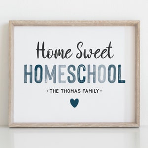 DIGITAL DOWNLOAD • Home Sweet Homeschool Sign • Homeschool Printable Wall Art • Educational Poster • Family Name Homeschool Decor Navy Blue