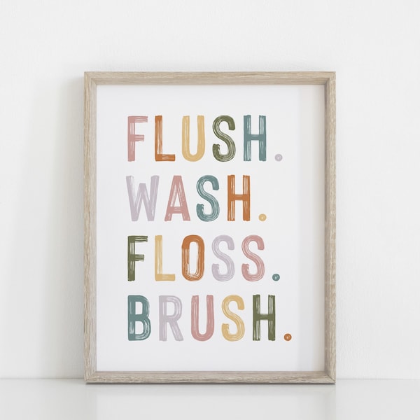 DIGITAL DOWNLOAD • Kids Bathroom Decor • Kids Bathroom Wall Art • Flush Wash Floss Brush • Rainbow Neutral Bathroom Decor • Kids Wall Art