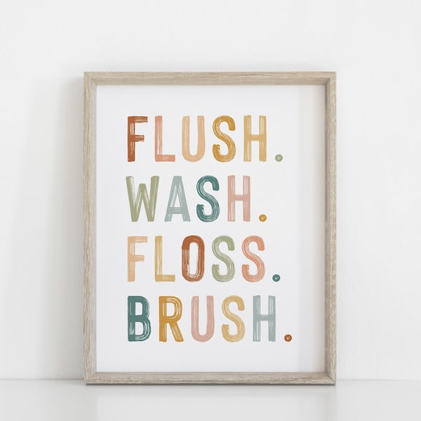 DIGITAL DOWNLOAD • Kids Bathroom Decor • Kids Bathroom Wall Art • Flush Wash Floss Brush • Rainbow Neutral Bathroom Decor • Kids Wall Art