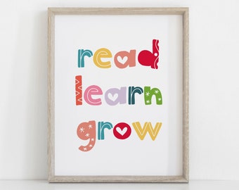 DIGITAL DOWNLOAD • Read Learn Grow Reading Nook Kids • Educational Posters • Kids Room Decor • Playroom Wall Art • Classroom Decor Quotes