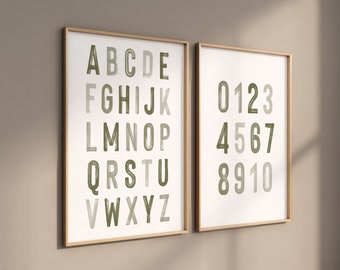 DIGITAL DOWNLOAD • Nursery Decor Set Of Two Green • Alphabet Numbers Poster • Kids Room Wall Art Printable • Playroom Wall Decor