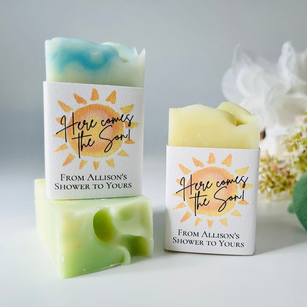 Baby Boy Shower Soap Favors / Here comes the Son / Blue / Green / Oh Boy / Thank you gift idea for party guests / Sprinkle / Personalized