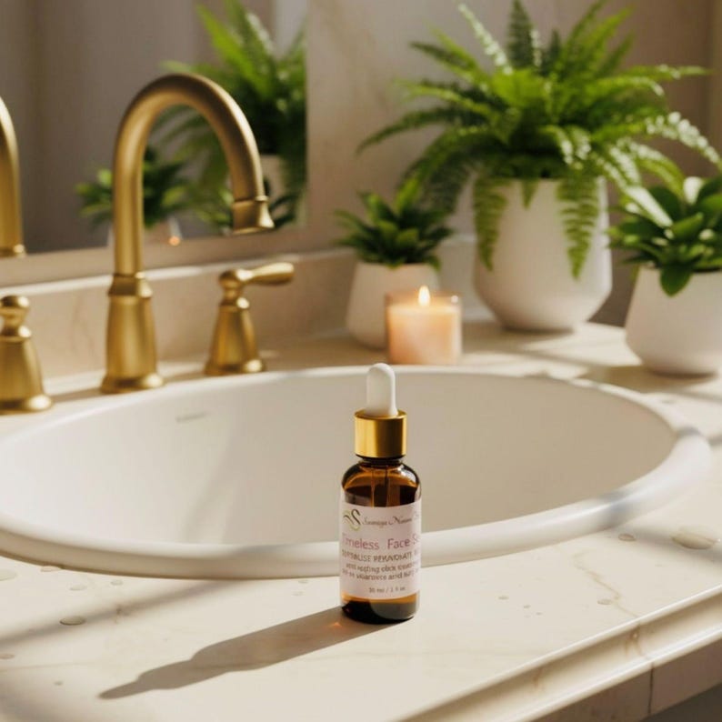 Timeless Face Serum in a amber glass dropper bottle, an anti-aging and hydrating formula made with rosehip oil, and vitamin C. Displayed on a marble surface with soft natural light and green plants for a minimal and elegant skincare aesthetic.