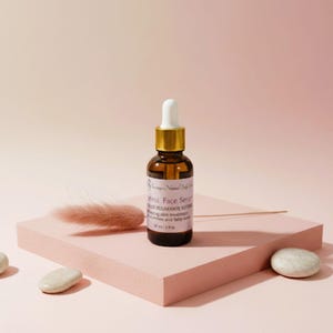 Timeless Face Serum with natural ingredients in an elegant glass dropper bottle, styled with clean minimal background.