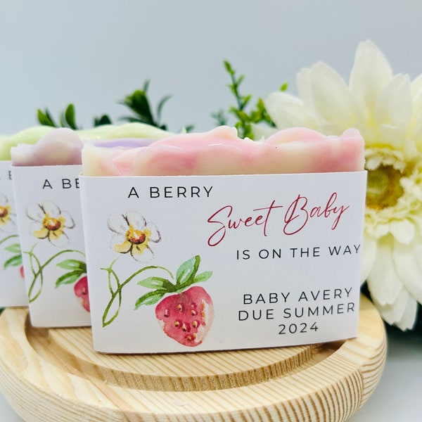 A Berry Sweet Baby is on the way Baby Shower Soap Favors / Personalized / Baby sprinkle / Strawberries / Berries