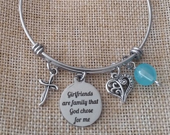 Girlfriend Bangle Charm Bracelet, Girlfriends are family that God chose for me, Best friend bracelet, Stackable