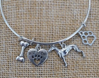 Greyhound Charm Bangle Bracelet, Dog Charm Bracelet, Pet Jewelry, Stackable
