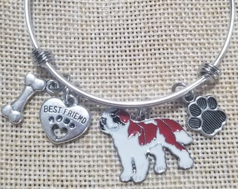 May include: A silver charm bracelet with a dog charm, a bone charm, a paw print charm, and a heart charm that says "Best Friend".