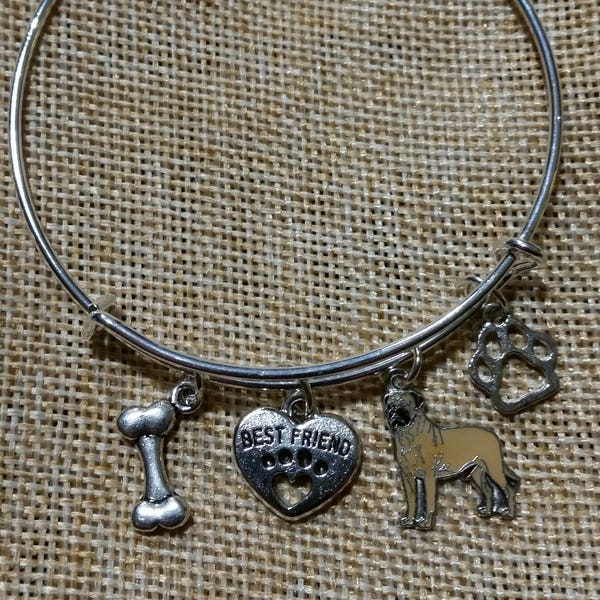 Mastiff Charm Bangle Bracelet, Dog Charm Bracelet, Pet Jewelry