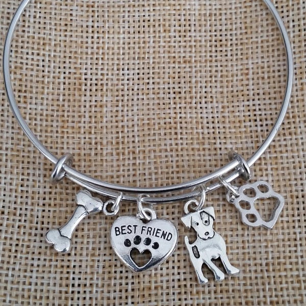 Jack Russell Charm Bangle Bracelet, Dog Charm Bracelet, Pet Jewelry; Stackable