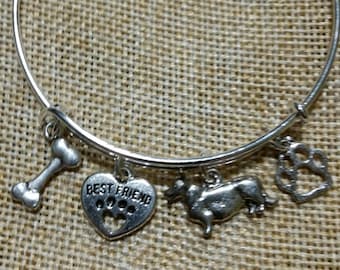 Corgi Charm Bangle Bracelet, Dog Charm Bracelet, Pet Jewelry; Stackable