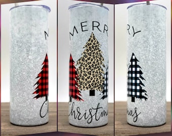 Merry Christmas Cheetah Tree and Plaid | Christmas Tumbler | Christmas Gifts under 25 | Christmas Gift | Gifts For Her | 20oz Skinny Tumbler