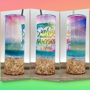 Pastel Beach Tumbler, 20 oz Skinny Tumbler, Sunrise Sunburn Sunset Repeat, Beach Design, Girls Weekend, Vacation Cup