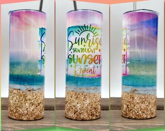 Pastel Beach Tumbler, 20 oz Skinny Tumbler, Sunrise Sunburn Sunset Repeat, Beach Design, Girls Weekend, Vacation Cup