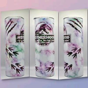 Motherhood is a walk in the park tumbler, skinny tumbler, Jurassic tumbler, dinosaur tumbler, mom gift