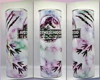 Motherhood is a walk in the park tumbler, skinny tumbler, Jurassic tumbler, dinosaur tumbler, mom gift