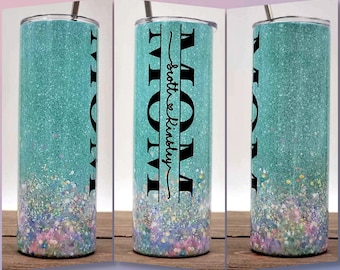 Mom Tumbler w/Kid Names-Mother's Day Gift-Mama Bear-New Mom Gift-Boy Mom-Girl Mom-Mama of Drama-Personalized Mom Gift-Mom Life-Faux Glitter
