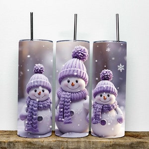 Purple Snowmen Delight 20oz Sublimation Stainless Steel Tumbler | Holiday Tumbler for Hot & Cold Drinks | Unique Christmas Gift Idea