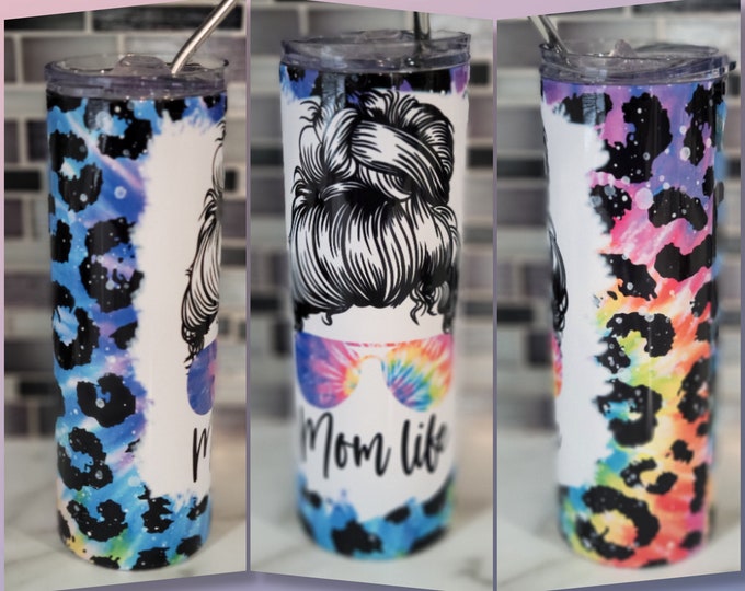 Tie Dye Leopard Print Mom Life Tumbler, Messy Bun Mom Tumbler, 20oz Mom ...
