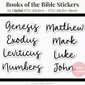 Puede incluir: Una descarga digital de 66 pegatinas PNG con los nombres de los libros de la Biblia en una fuente manuscrita. Las pegatinas son blancas con texto negro y están dispuestas en dos columnas. El texto "Books of the Bible Stickers" está en la parte superior de la imagen, y el texto "66 Digital PNG Stickers + PNG Sticker Sheets" está debajo.