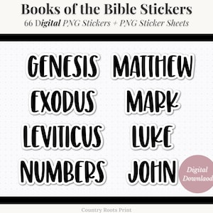 Könnte beinhalten: Digitaler Download-Grafik mit Aufklebern mit den Namen von Büchern aus der Bibel. Die Namen sind in fetter, schwarzer Schrift mit weißem Rand gehalten. Das Stickerblatt enthält die Bücher Genesis, Exodus, Levitikus, Numeri, Matthäus, Markus, Lukas und Johannes.