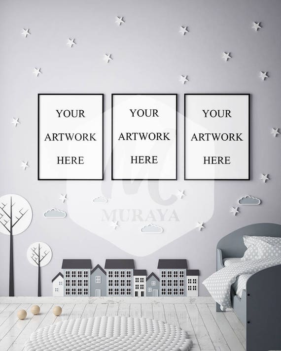 3 Panel Kids Bedroom Frame Mockup Scandinavian Style Interior 3 Panel Kids Bedroom Frame Mockup Scandinavian Style Interior