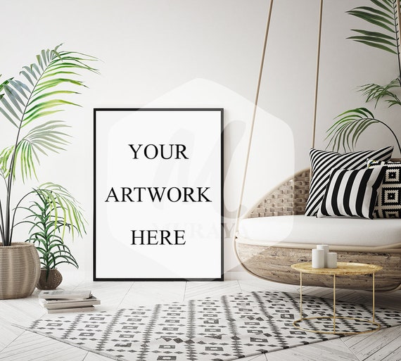 A3 Livingroom Frame Mockup Thin Black Frame Styled Stock A3 Livingroom Frame Mockup Thin Black Frame Styled Stock