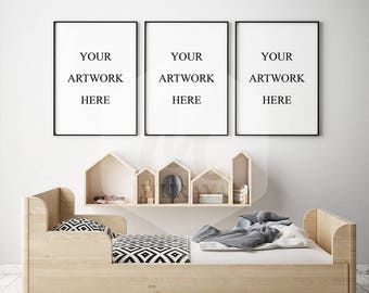 3 Panel Frames Mockup Childrens Room Poster Mockup Scandinavian Style Interior Background Black Frames Mockup Natural Lighting Free Psd Mockup Template