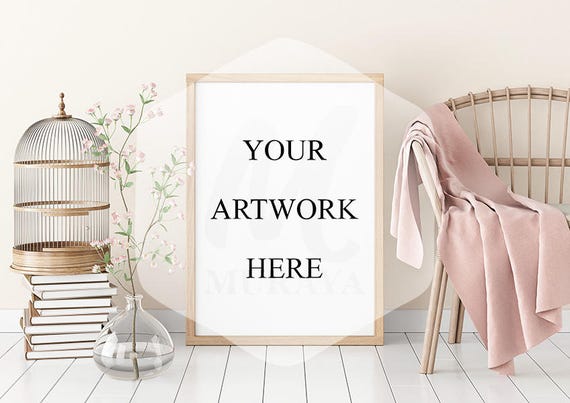 A3 Wood Portrait Frame Mockup Livingroom Light Wood Frame A3 Wood Portrait Frame Mockup Livingroom Light Wood Frame