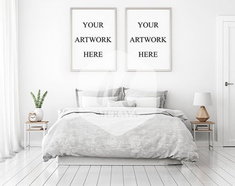 A3 Bedroom portrait frames mockup, Double frame mockup, silver frames, scandinavian interior design
