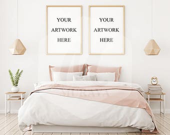 A3 Bedroom portrait frames mockup, Double frame mockup, gold frames