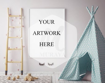 A3 Kids room White Frame Mockup, Styled Stock Photograpy, Scandinavian Style Interior, PSD Mockup, Digital Item, Modern Design, Tipi