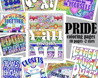PRIDE Coloring Book downloadable, printable, LGBTQ, trans, queer, rainbow coloring pages