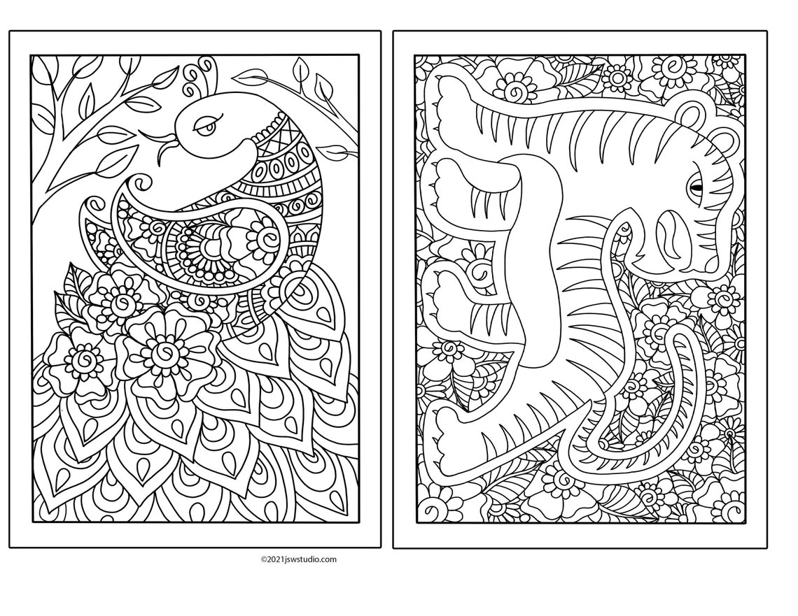 Printable Download - ANIMAL Coloring Pages, Peacock, Tiger, Elephant ...