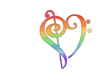 Rainbow Music Sticker: LGBT bass and treble clef heart Vinyl Decal for water bottle, tumbler, laptop