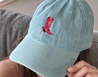 Denim Baseball Cap: Embroidered Pink Cowboy Boot, Nashville Bachelorette