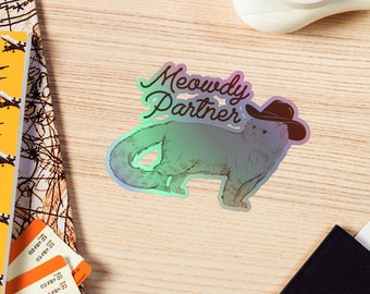Holografische sticker grappige cowboykat: Meowdy partner western cadeau