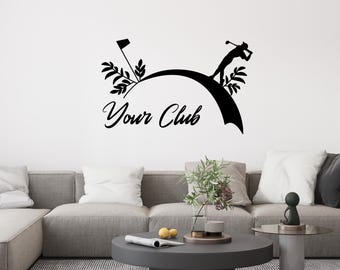 Elegant Golf Player Figure Personalized Vinyl Wall Decal - Golf Wall Decal with Custom Club Name