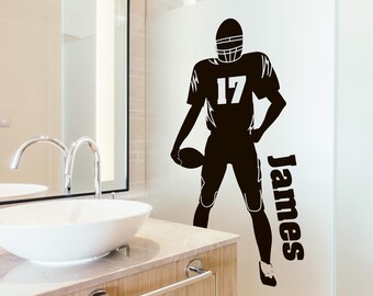 Wall Decal Personalized Football Player with Ball - Custom Sport Vinyl Sticker with Your Own Name and Number