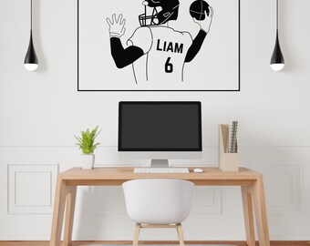 Personalized Football Player Throwing Ball Wall Decal - Customize Player Name and Number - Boys and Teen Room Decor