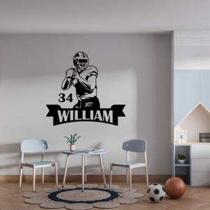 Football Name Wall Decal Personalized Vinyl Sticker for Boys Bedroom Football Room Decor Sport Wall Stickers with a Quarterback in Action