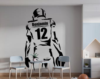 Personalized Name and Number Decals for Boys - Football Room Decor Featuring a Cool Football Player with Ball in Hand