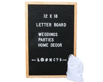 12 x 18 inch LARGE Black Felt Letter Board  - Oak Frame Felt Boards With 780 Letters, Numbers, Emoji and Symbols. Free Pouch Included