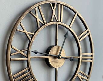 Modern Bronze Roman Numeral Clock, Rustic Clock With Roman Numbers, Large Roman Wall Clock, Metal Clock