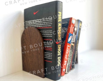 Book Ends (1 Pair) , Curved Wooden Book Ends For Desks or Shelves, Available in Natural Wood or Darker Walnut Color (6.7 in x 4 in)