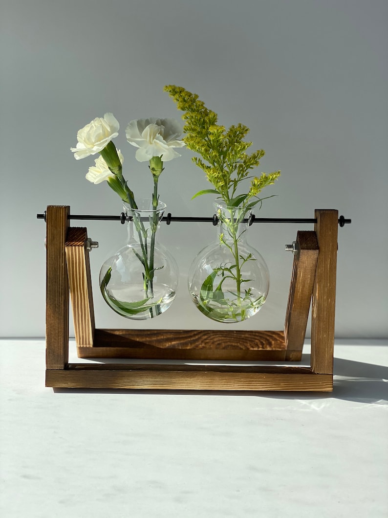 Wooden Plant Stand With Glass Vase Glass Planter Etsy