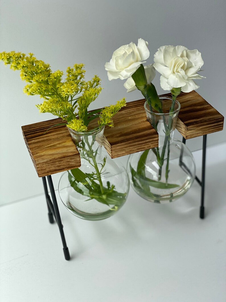 Wooden Plant Stand with Glass Vase Glass Planter Etsy
