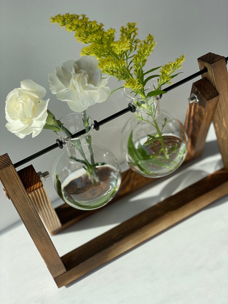 Wooden Plant Stand With Glass Vase Glass Planter Etsy